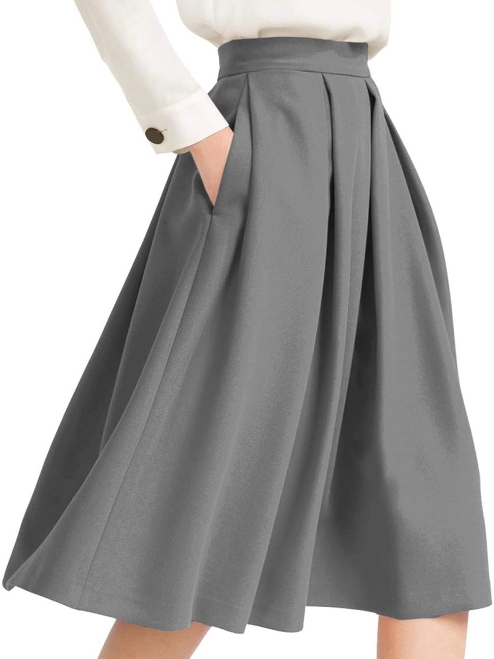 High-Waist Pleated Midi Skirt in Gray